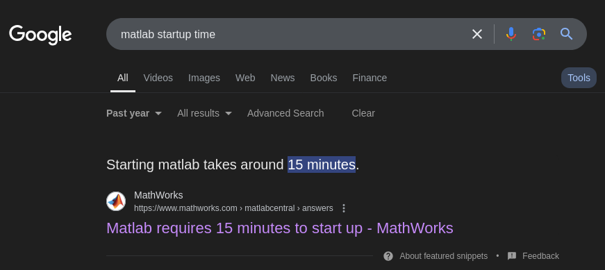 Screenshot of me googling "MATLAB startup time". The AI generated answer is "Starting MATLAB takes around 15 minutes"